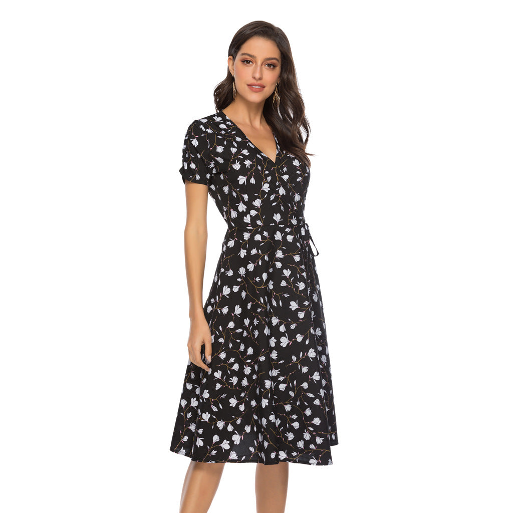 Swintager Cross-border Spring and Summer New Women's Bohemian Beach Dress Chiffon Printed dress Women
