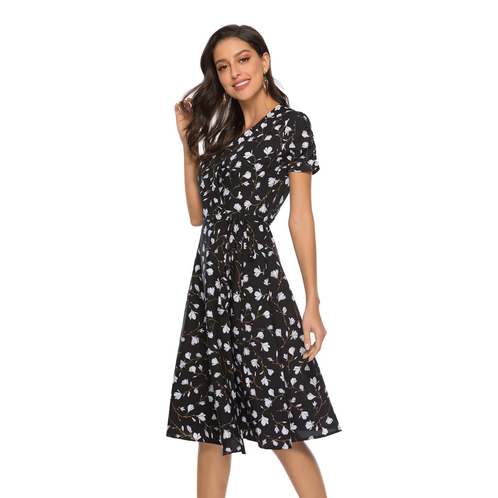 Swintager Cross-border Spring and Summer New Women's Bohemian Beach Dress Chiffon Printed dress Women