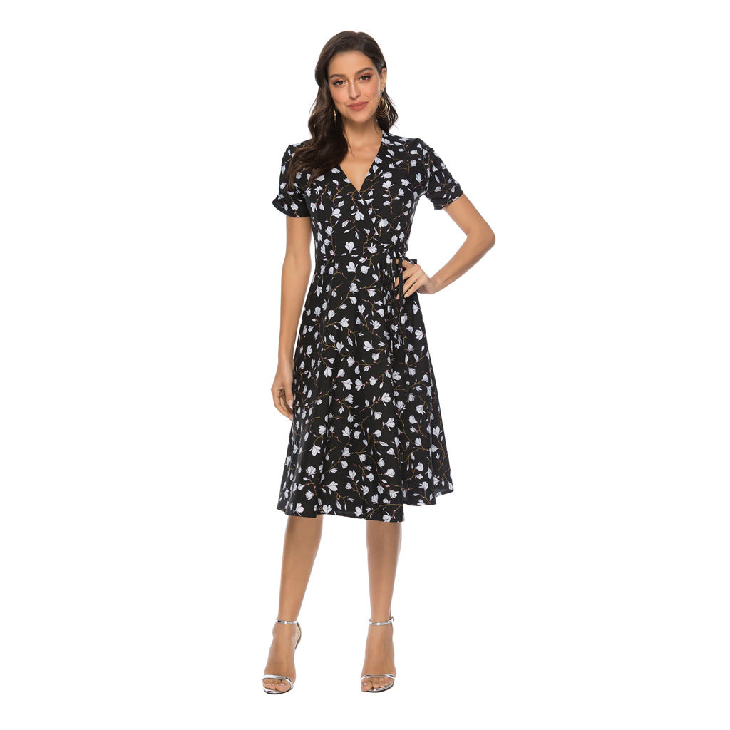 Swintager Cross-border Spring and Summer New Women's Bohemian Beach Dress Chiffon Printed dress Women