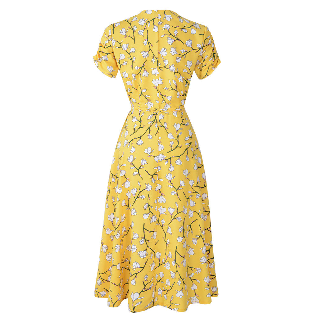 Swintager Cross-border Spring and Summer New Women's Bohemian Beach Dress Chiffon Printed dress Women