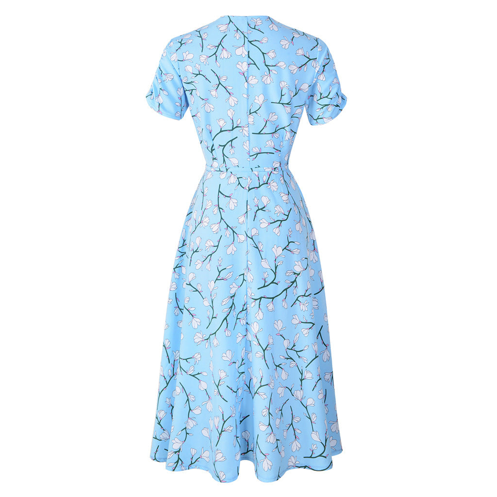 Swintager Cross-border Spring and Summer New Women's Bohemian Beach Dress Chiffon Printed dress Women
