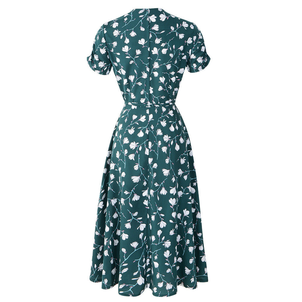Swintager Cross-border Spring and Summer New Women's Bohemian Beach Dress Chiffon Printed dress Women