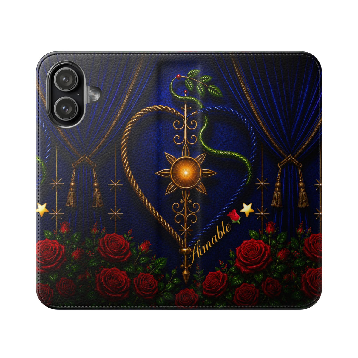 Romantic Heart & Roses Flip Phone Case — Elegant Floral Wallet Cover