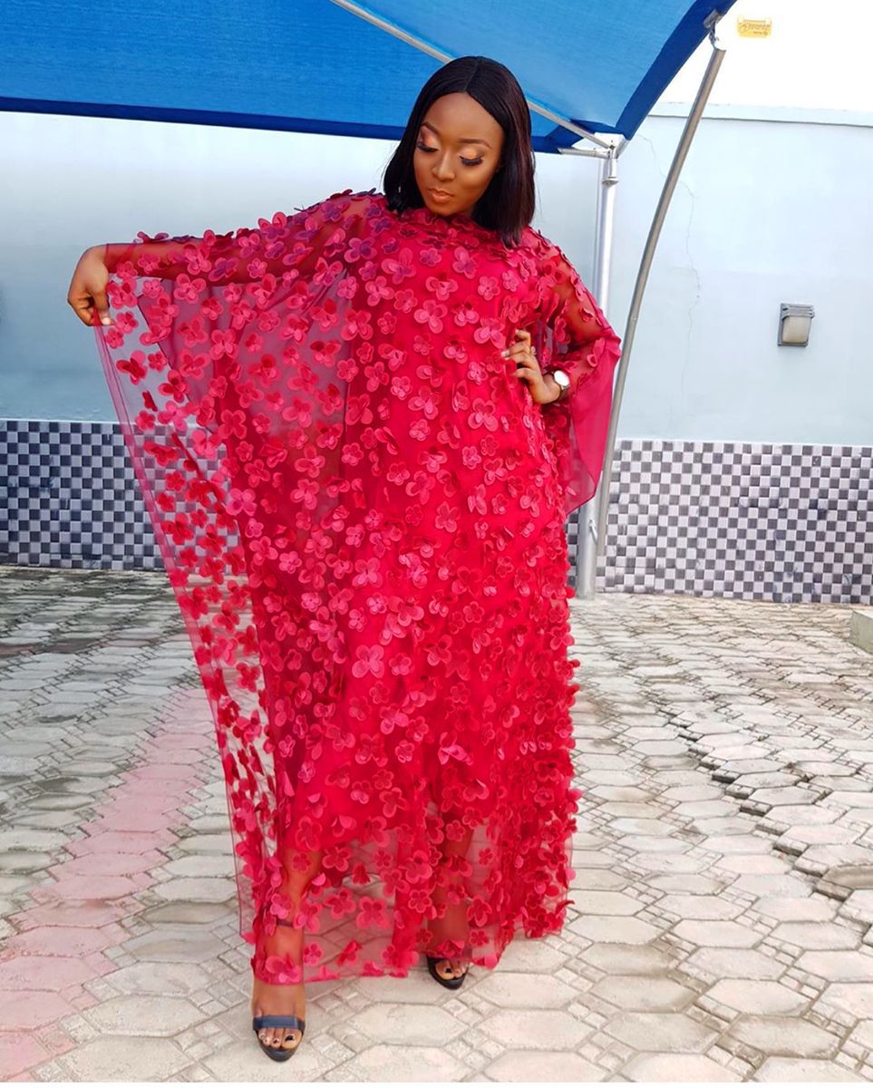 Cross-border source three-dimensional embroidery flower mesh round neck bat sleeve loose plus size robe vest African women's clear