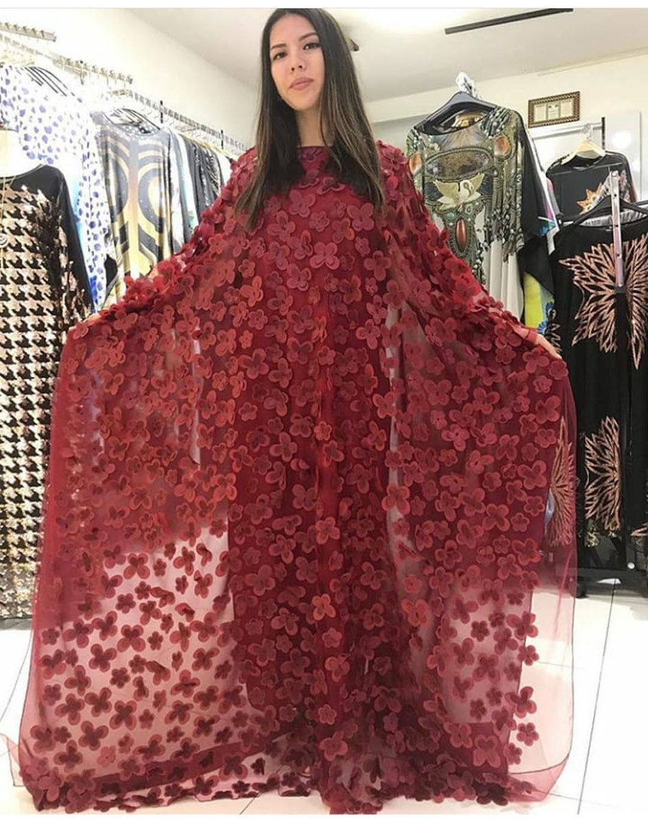 Cross-border source three-dimensional embroidery flower mesh round neck bat sleeve loose plus size robe vest African women's clear