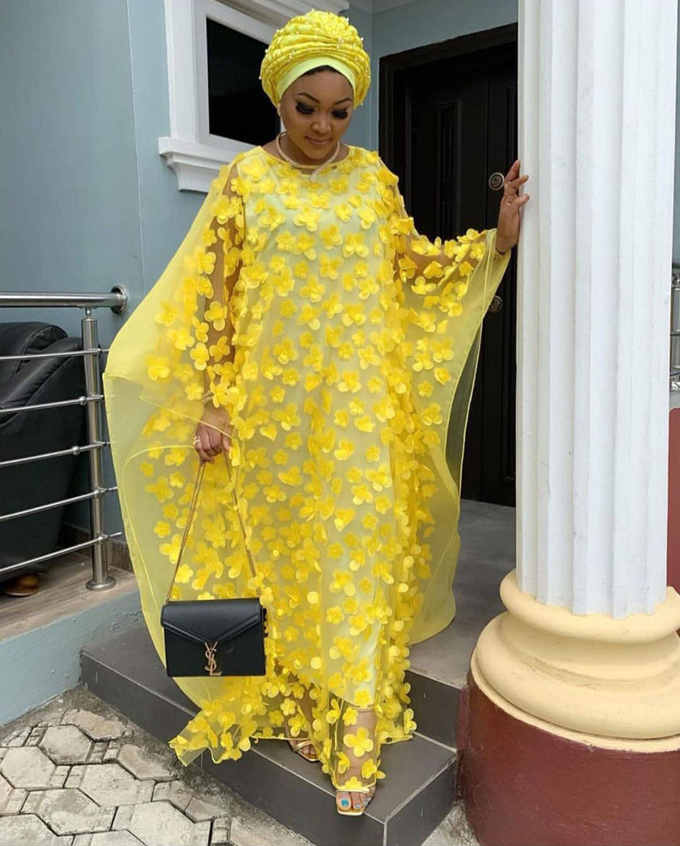 Cross-border source three-dimensional embroidery flower mesh round neck bat sleeve loose plus size robe vest African women's clear