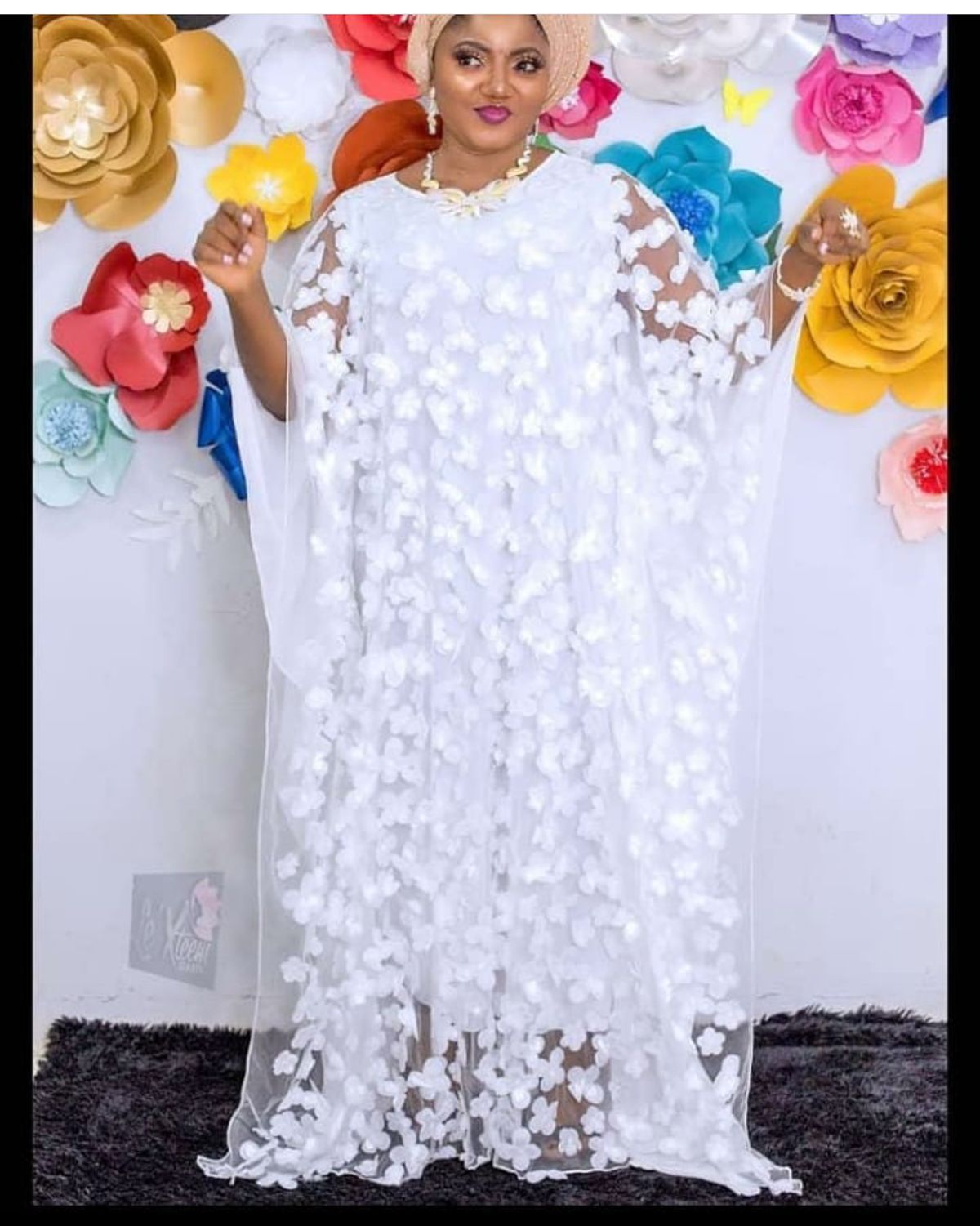 Cross-border source three-dimensional embroidery flower mesh round neck bat sleeve loose plus size robe vest African women's clear