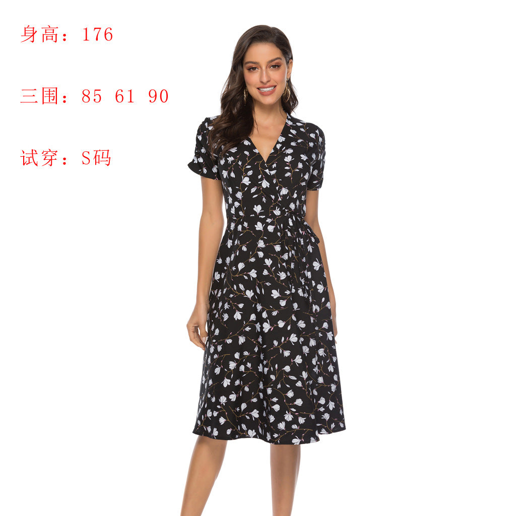 Swintager Cross-border Spring and Summer New Women's Bohemian Beach Dress Chiffon Printed dress Women