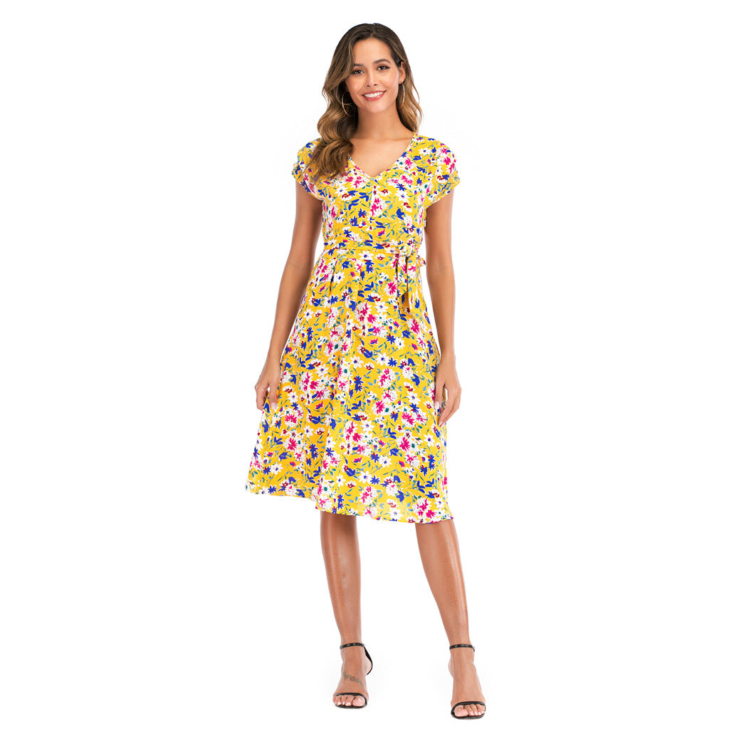 Swintager Cross-border Spring and Summer New Women's Bohemian Beach Dress Chiffon Printed dress Women