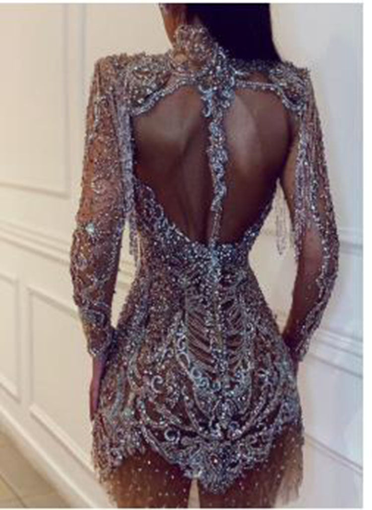 2025 New Summer Cross-Border Amazon European and American Clothing Dress with Gold Backless Transparent Cut Out Sexy Miniskirt