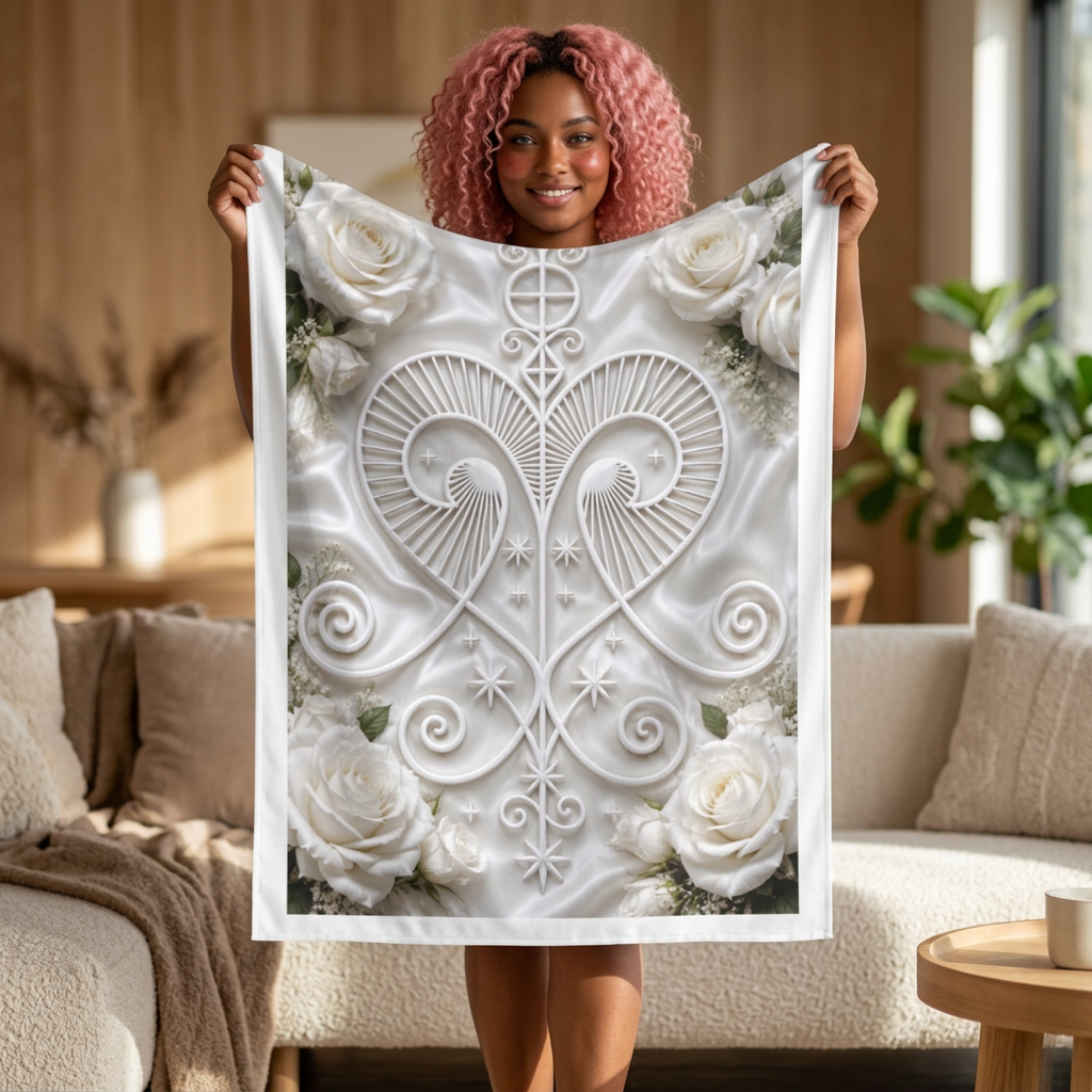 Freda White Rose Heart Tapestry - Elegant Floral Wall Hanging for Bedroom, Wedding & Home Decor