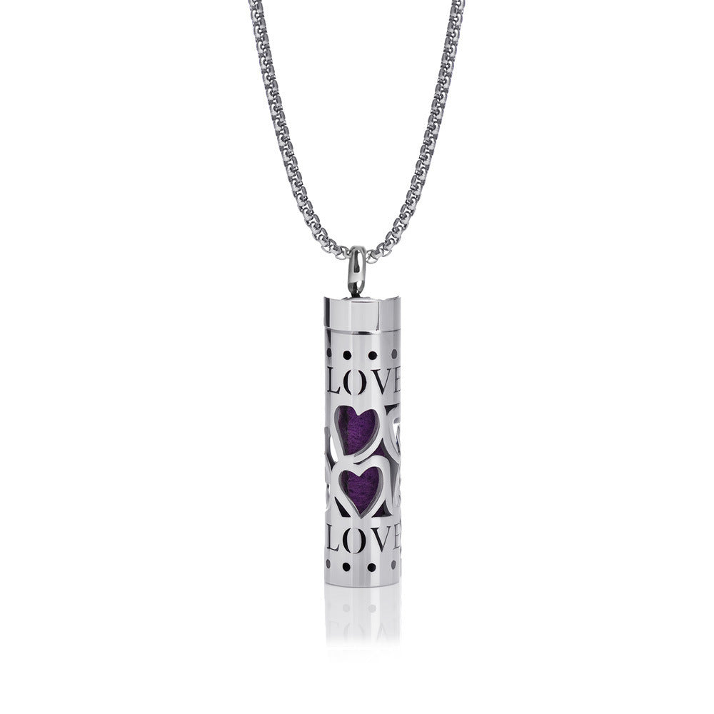 Cylindrical Heart-shaped Diffuser Pendant Necklace with Essential Oil, Stainless Steel Necklace for Men and Women, Titanium Steel Pendant