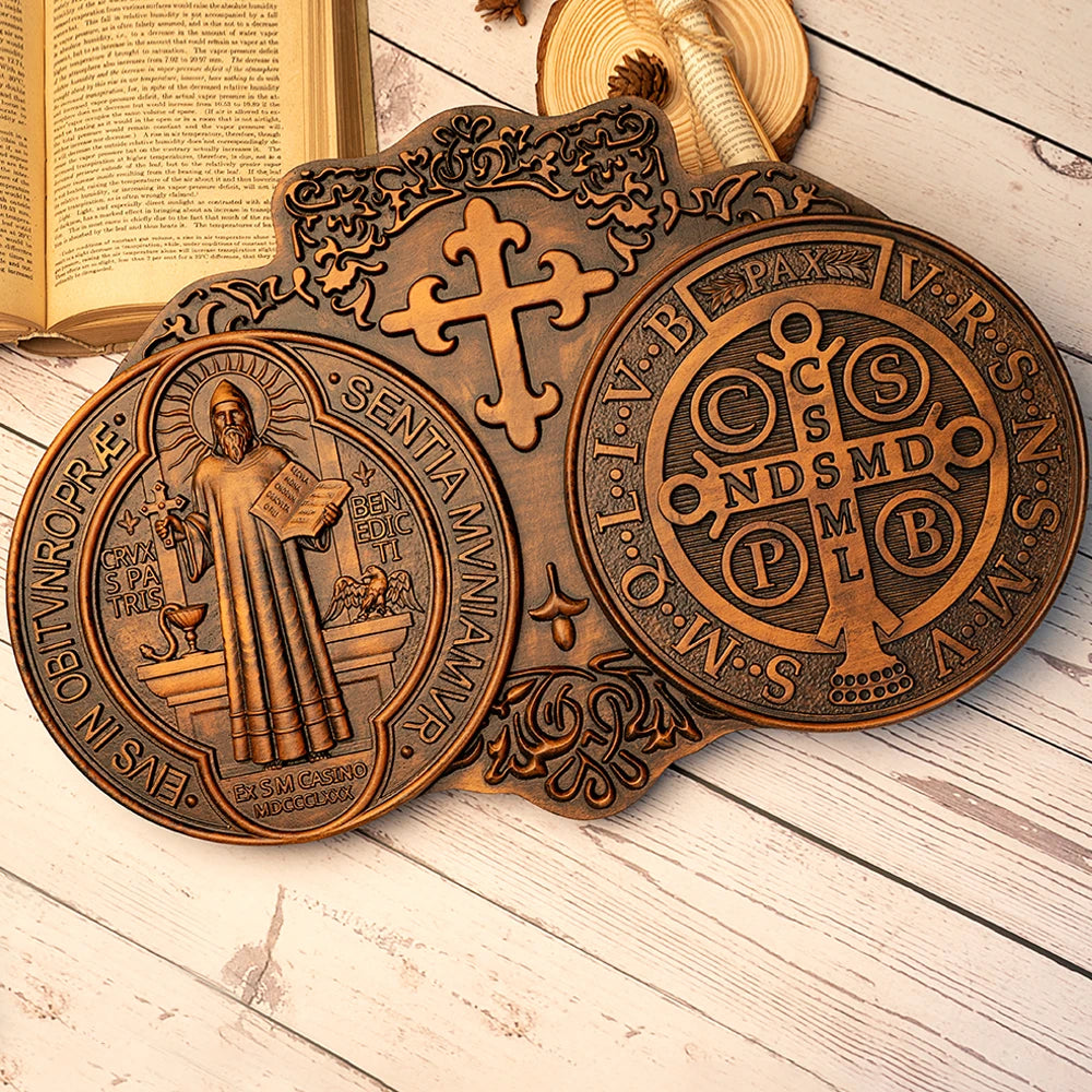 saint benedict medal , exorcism plaque, catholic icon, church, religious object, baptism, wood carving wall decoration