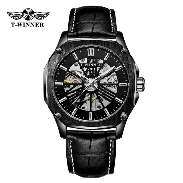 Winner Top Brand Mens Automatic Watch Rose Golden Hollow Skeleton Leather Wrist Watches Male Business Mechanical Clock Dropship