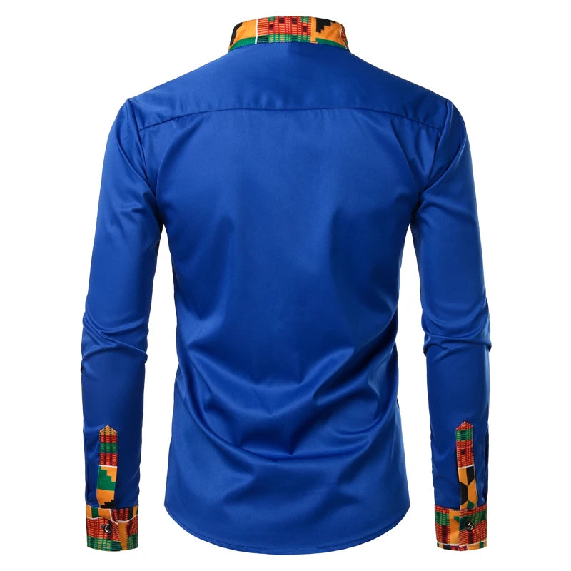 Dashiki African Mens Shirt Patchwork Pocket Africaine Print Shirt Men Ankara Style Long Sleeve Design Collar Mens Dress Shirts