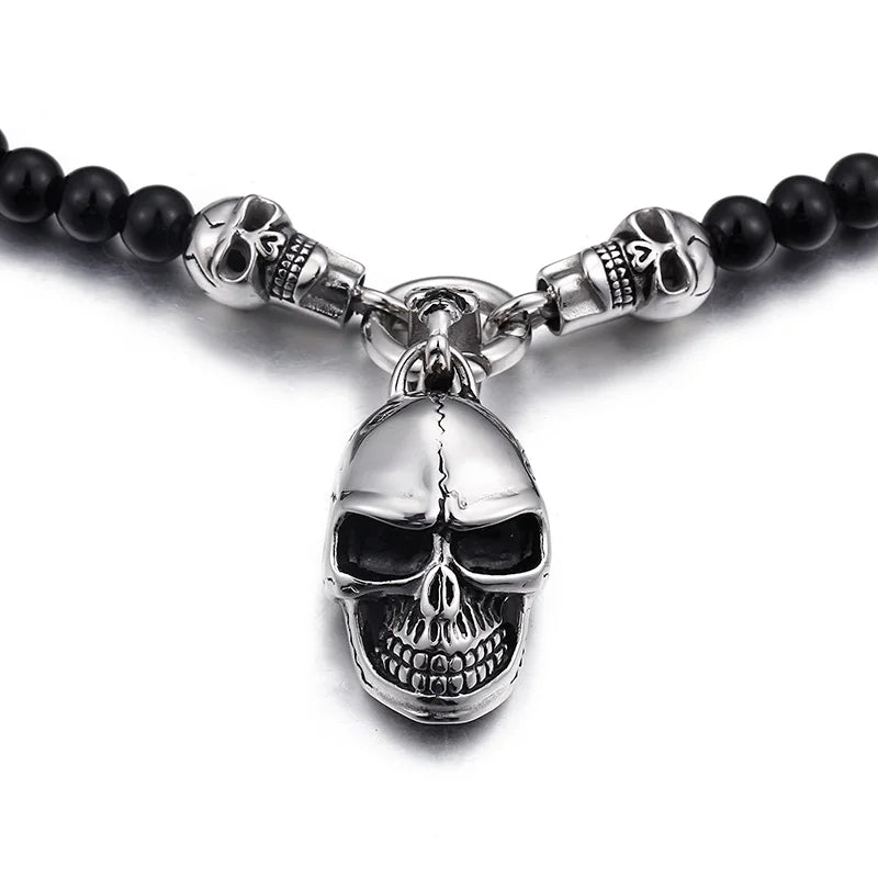 KALEN Men Fine Jewelry Necklace Punk Glass Bead Fashion Necklaces With Stainless Steel Skull Pendant