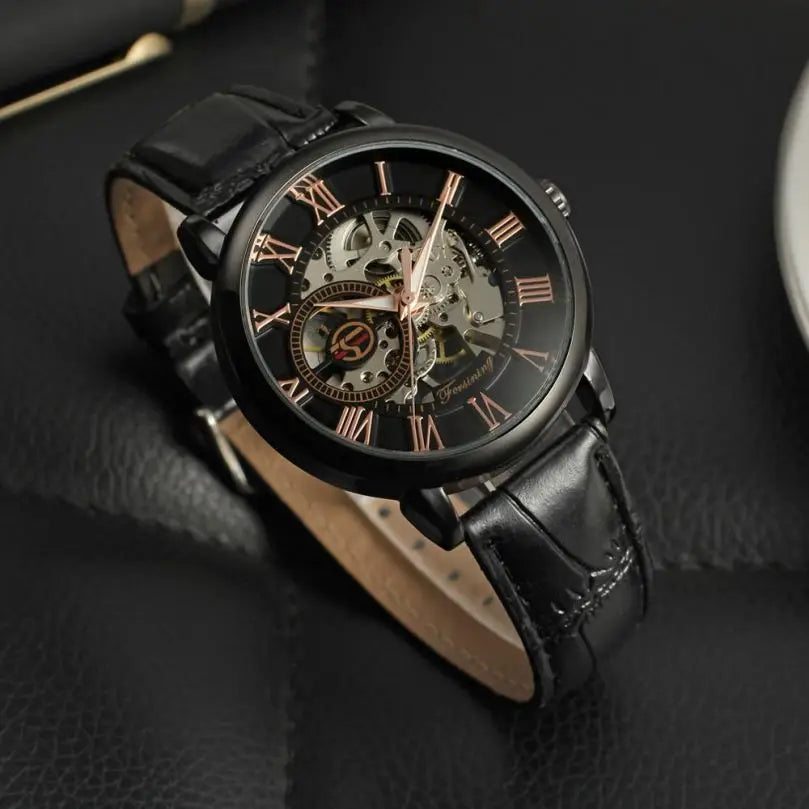FORSINING 8099 Stylish Gold Gents Mechanism Watch Cool Leather Band World Time Automatic Skeleton Storage Hot Mechanical Watch