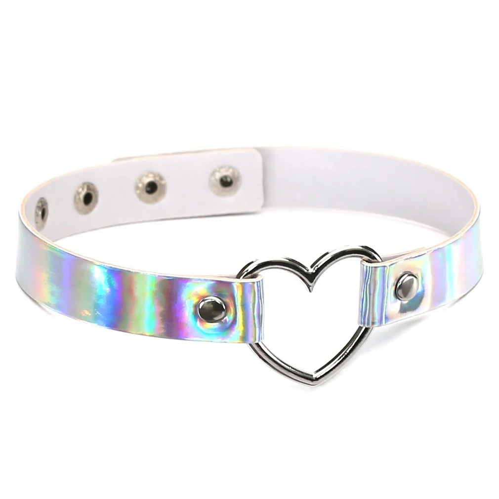 Laser PU Leather Choker Punk Gothic Laser Leather Heart Ring Spike Rivet Snap Button Collar Necklace