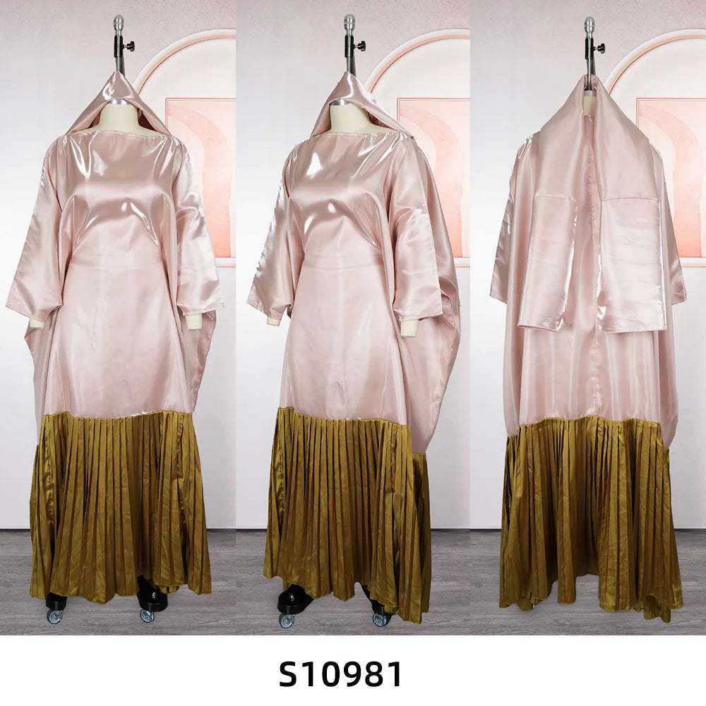 J981 Fashion Plus Size African Kaftan Dresses Color Blocked batwing Sleeve Pleated Long Dashiki Robe Boubou Dress for Women
