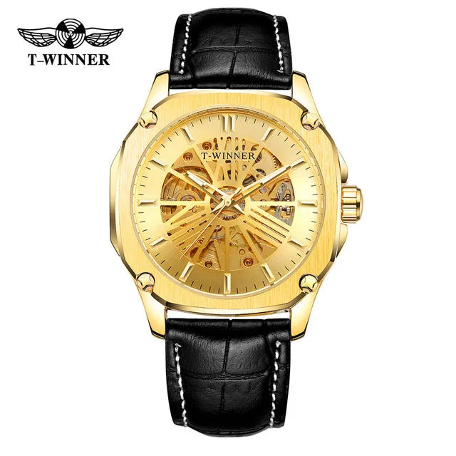 Winner Top Brand Mens Automatic Watch Rose Golden Hollow Skeleton Leather Wrist Watches Male Business Mechanical Clock Dropship