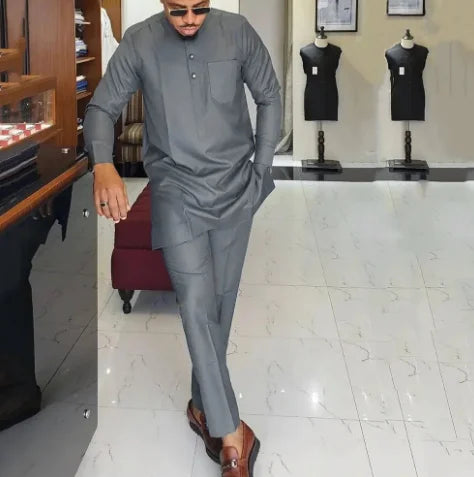 Men's Casual Dress African Ethnic Style Long Sleeved Embroidered Pants Suit Leisure Daily Wear