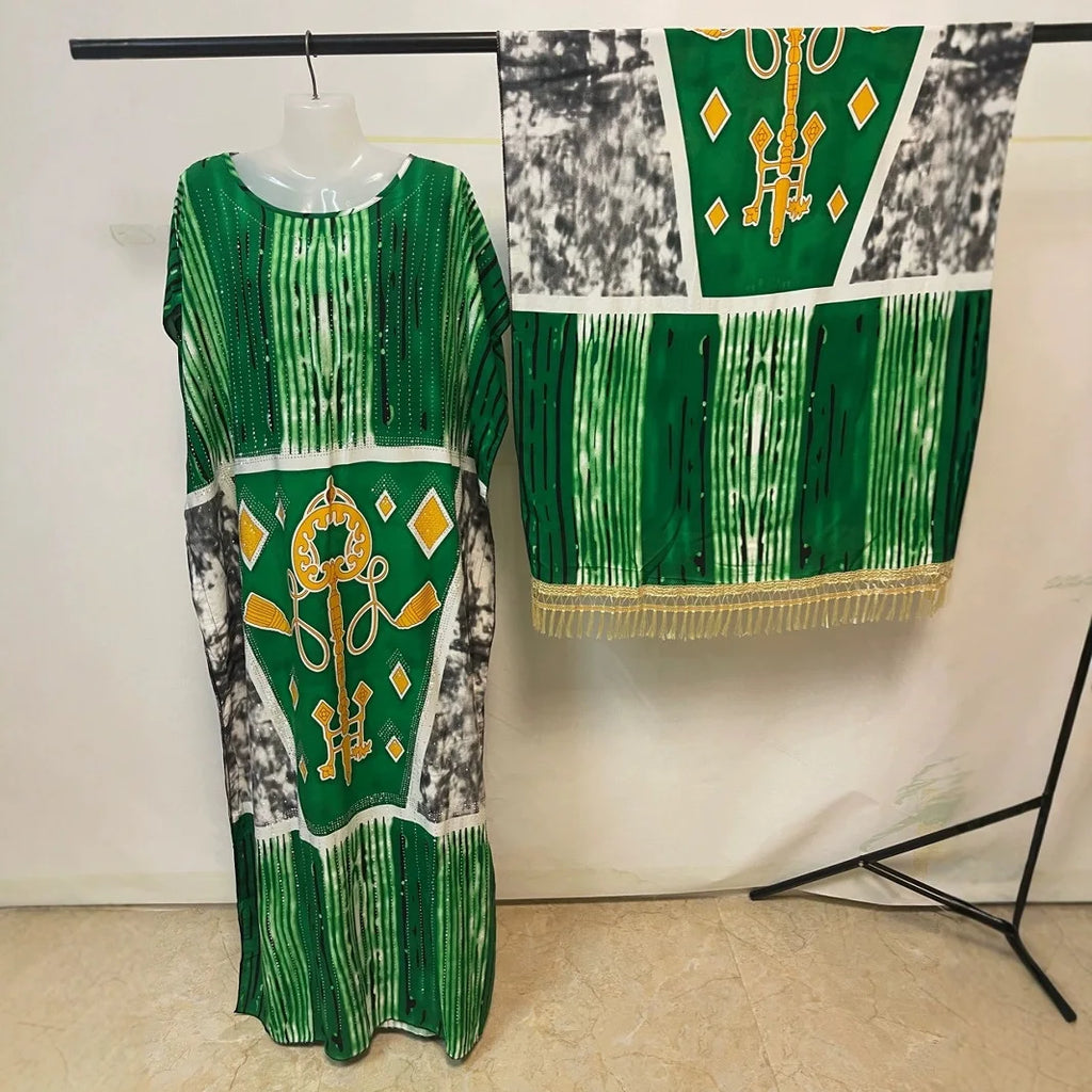 New Rayon Double-Sided Printed Rhinestone Tassel Turban Collar Women's Robe Kaftan Kimono Maxi Cover Up Dress Gown