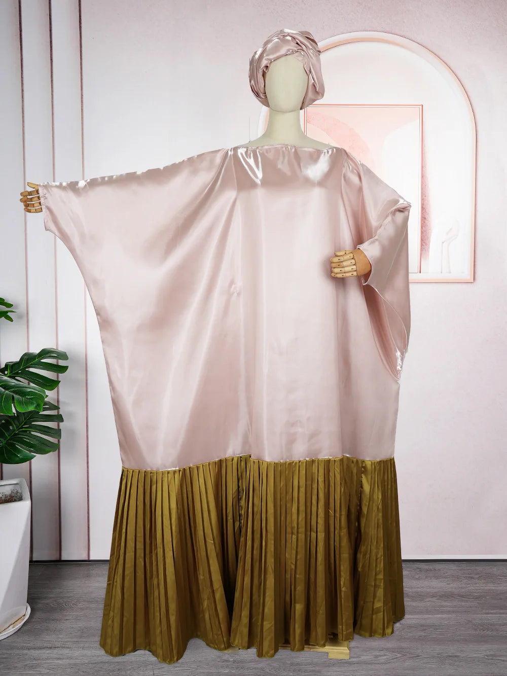 J981 Fashion Plus Size African Kaftan Dresses Color Blocked batwing Sleeve Pleated Long Dashiki Robe Boubou Dress for Women