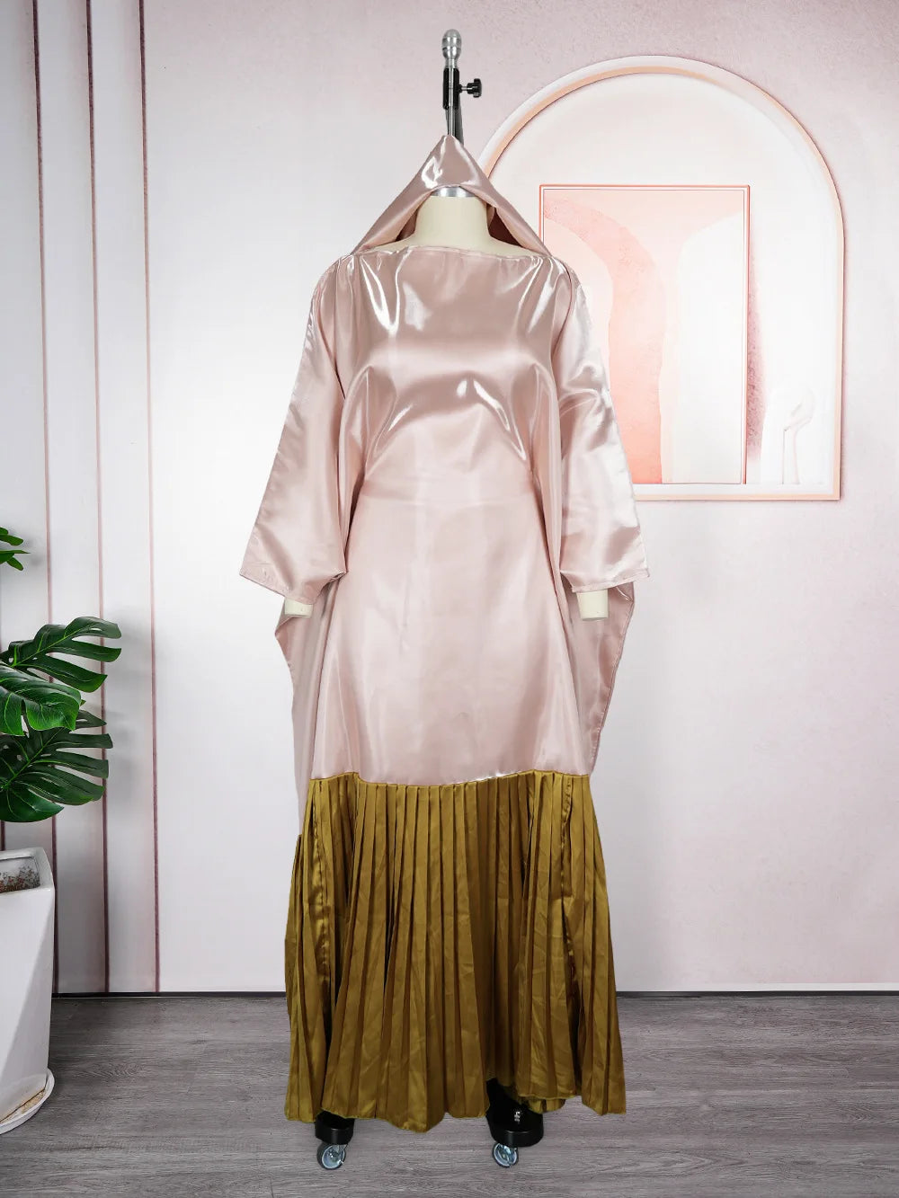 J981 Fashion Plus Size African Kaftan Dresses Color Blocked batwing Sleeve Pleated Long Dashiki Robe Boubou Dress for Women