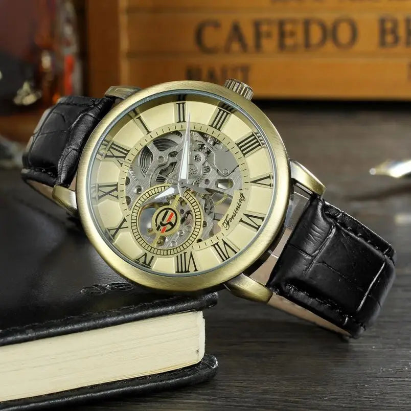 FORSINING 8099 Stylish Gold Gents Mechanism Watch Cool Leather Band World Time Automatic Skeleton Storage Hot Mechanical Watch