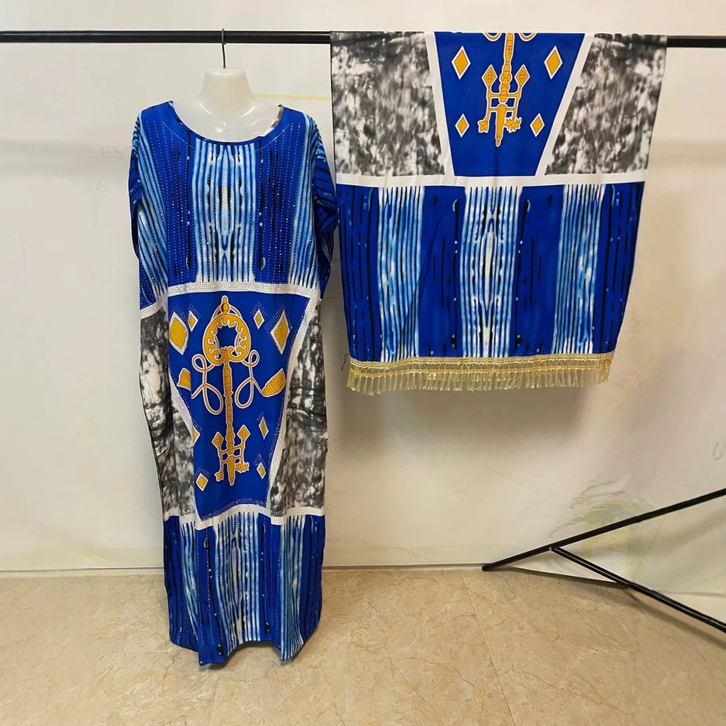 New Rayon Double-Sided Printed Rhinestone Tassel Turban Collar Women's Robe Kaftan Kimono Maxi Cover Up Dress Gown