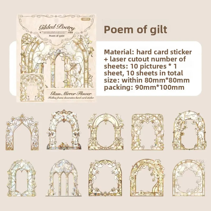 10pcs/pack Skeleton Colourful Window Border Decoration Hard Card Sticker Pack Glazed Mirror Flower Series Retro Flower Window