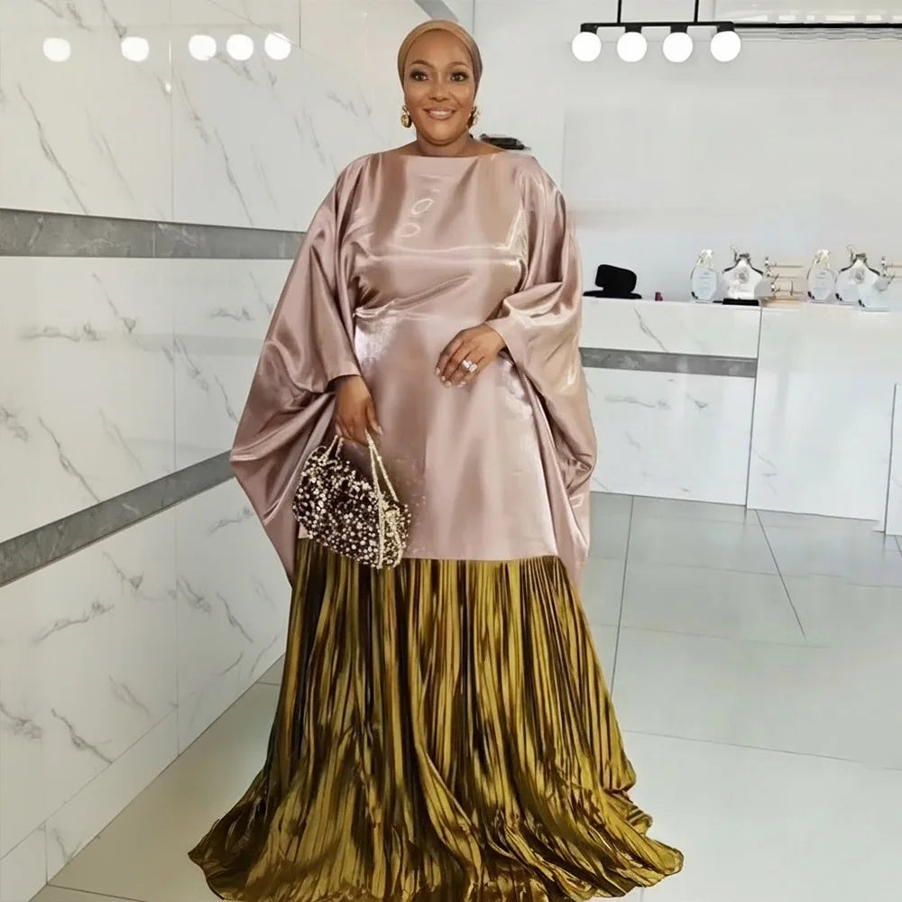 J981 Fashion Plus Size African Kaftan Dresses Color Blocked batwing Sleeve Pleated Long Dashiki Robe Boubou Dress for Women