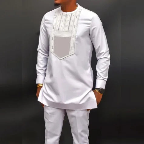 Men's Casual Dress African Ethnic Style Long Sleeved Embroidered Pants Suit Leisure Daily Wear