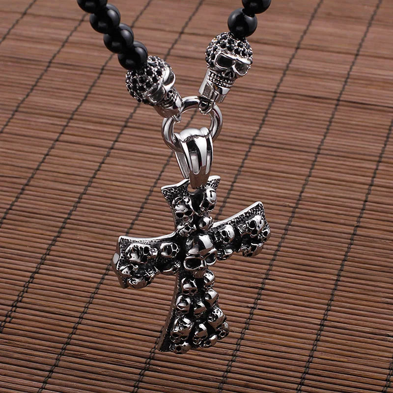 KALEN African Glass Beads Chain Necklace With Skull & Cross Pendant