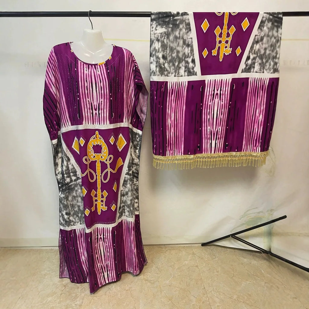 New Rayon Double-Sided Printed Rhinestone Tassel Turban Collar Women's Robe Kaftan Kimono Maxi Cover Up Dress Gown