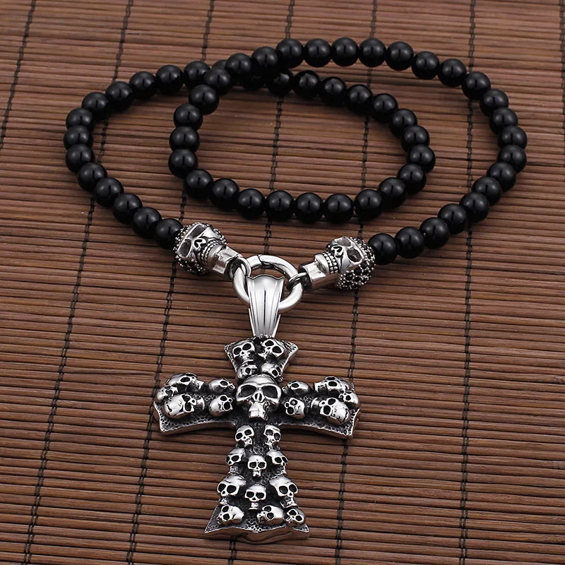 KALEN African Glass Beads Chain Necklace With Skull & Cross Pendant