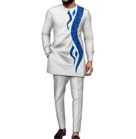 Men's Casual Dress African Ethnic Style Long Sleeved Embroidered Pants Suit Leisure Daily Wear