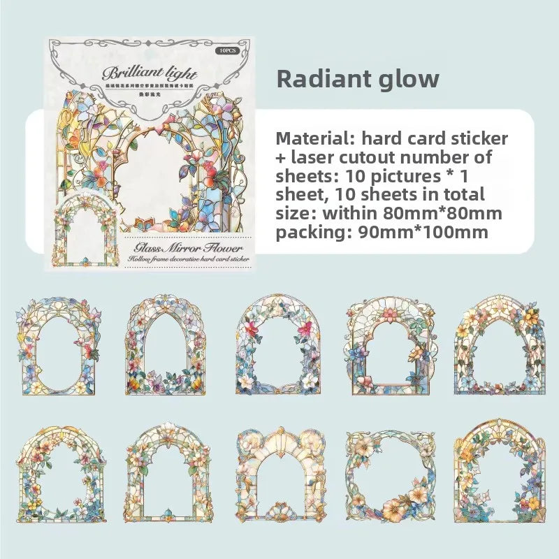 10pcs/pack Skeleton Colourful Window Border Decoration Hard Card Sticker Pack Glazed Mirror Flower Series Retro Flower Window