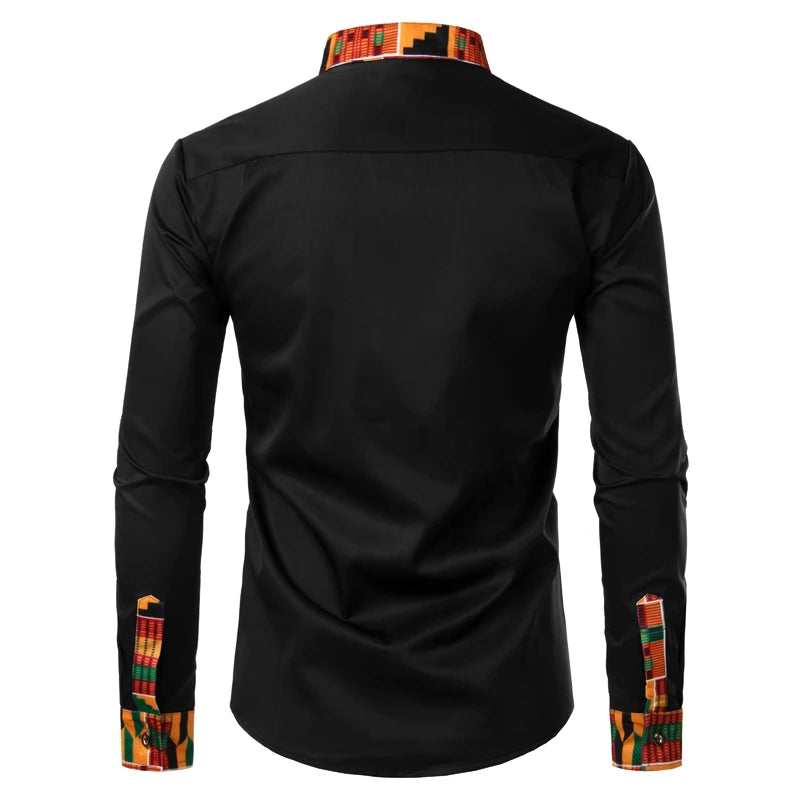 Dashiki African Mens Shirt Patchwork Pocket Africaine Print Shirt Men Ankara Style Long Sleeve Design Collar Mens Dress Shirts