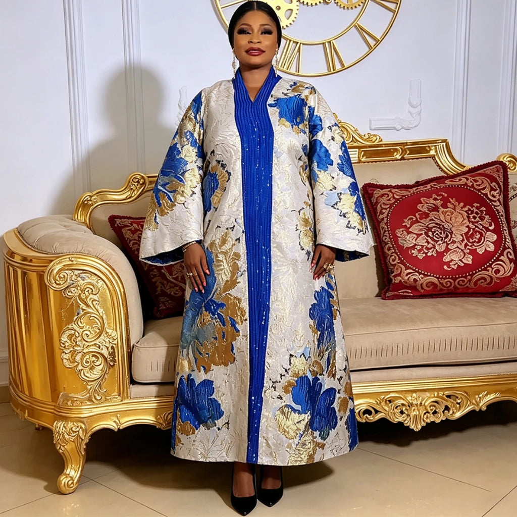 J2 Fashion African Dresses Women Clothing Jacquard Printed Patchwork Sequined Loose Robe Dashiki Dresses Boubou Dress With Scarf