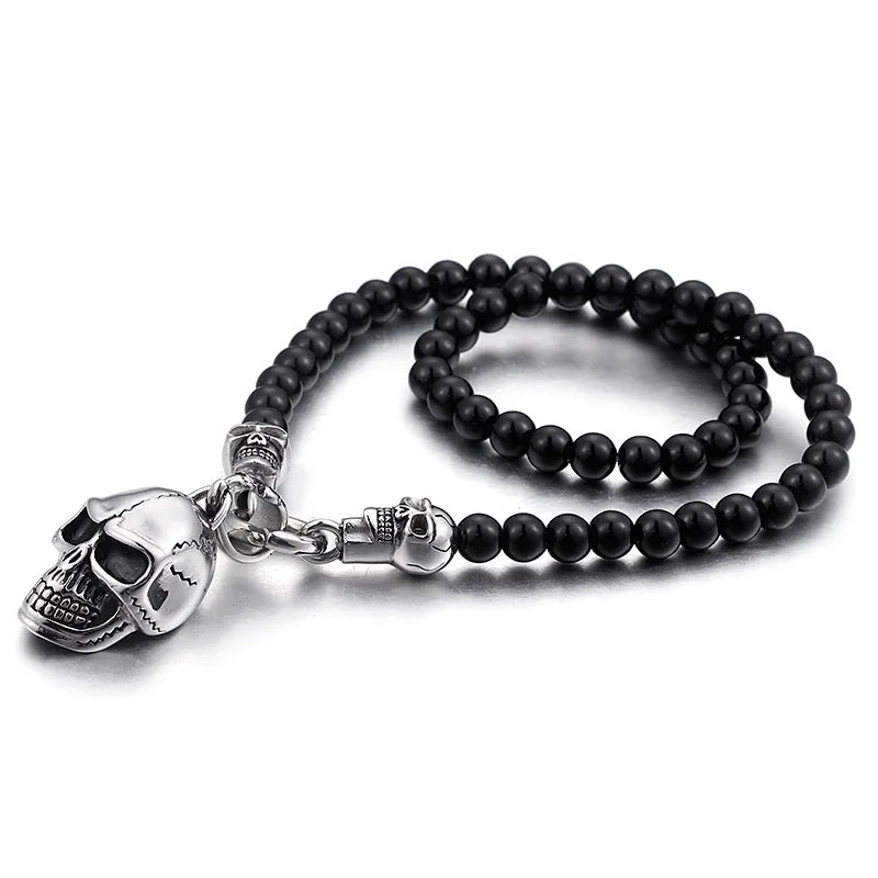 KALEN Men Fine Jewelry Necklace Punk Glass Bead Fashion Necklaces With Stainless Steel Skull Pendant