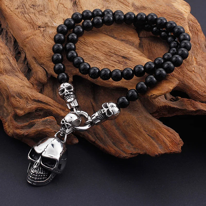 KALEN Men Fine Jewelry Necklace Punk Glass Bead Fashion Necklaces With Stainless Steel Skull Pendant