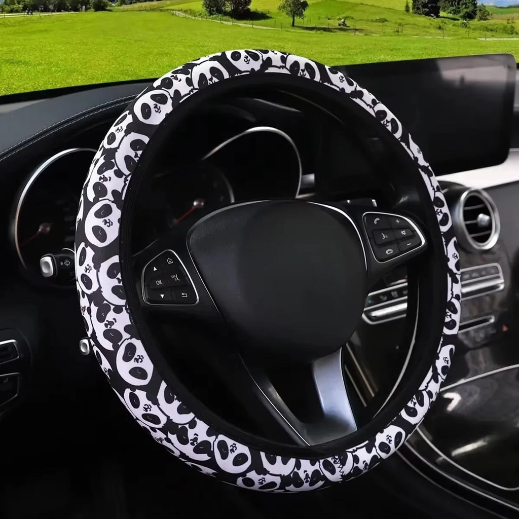 For 14.5-15INCH Flower Panda Spider Web Fabric Non-slip Car Steering Wheel Cover Without Inner Ring Car Accessories Suitable