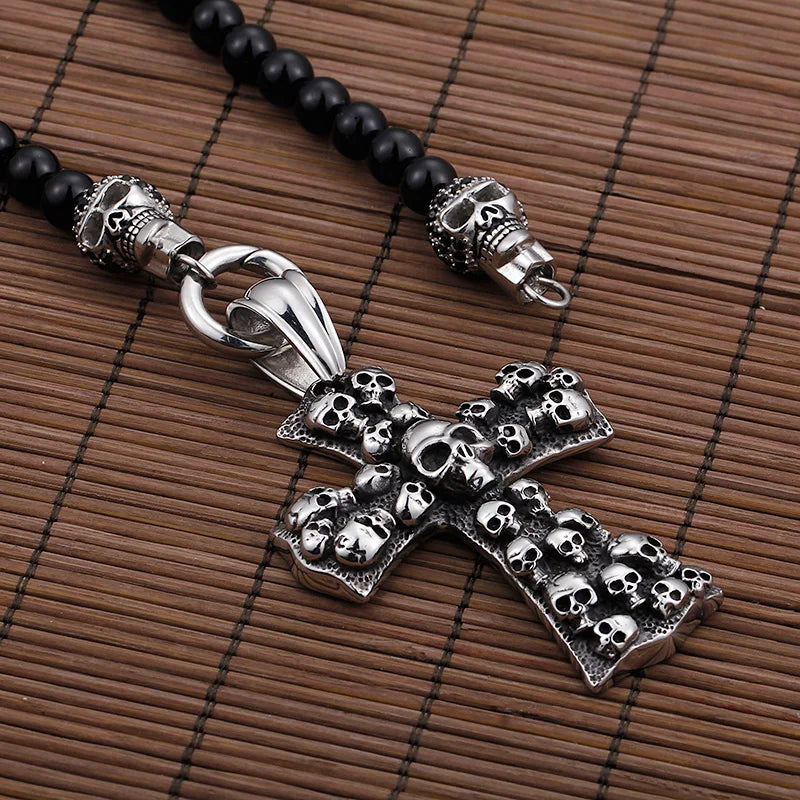 KALEN African Glass Beads Chain Necklace With Skull & Cross Pendant