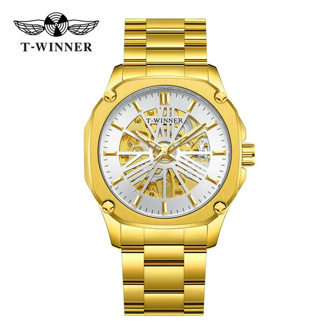 Winner Top Brand Mens Automatic Watch Rose Golden Hollow Skeleton Leather Wrist Watches Male Business Mechanical Clock Dropship