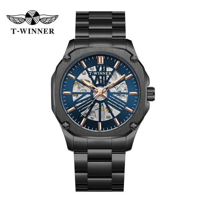 Winner Top Brand Mens Automatic Watch Rose Golden Hollow Skeleton Leather Wrist Watches Male Business Mechanical Clock Dropship