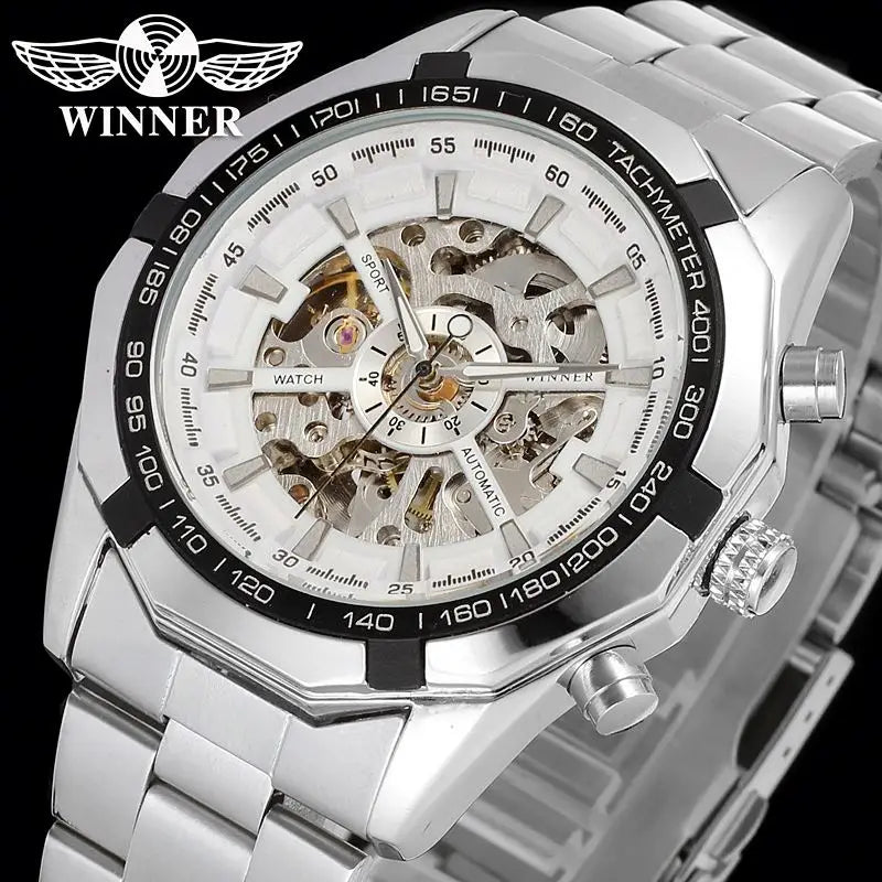 WINNER 8042 Presidential Silver Boys Mechanical Watch new Steel Strap Water Proof skeleton Automatic Gear Business Reloj Watch