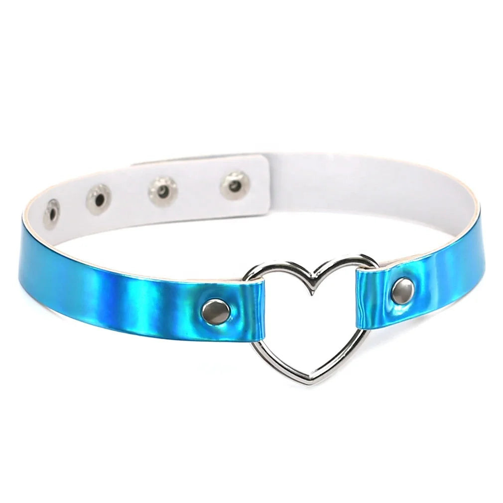 Laser PU Leather Choker Punk Gothic Laser Leather Heart Ring Spike Rivet Snap Button Collar Necklace