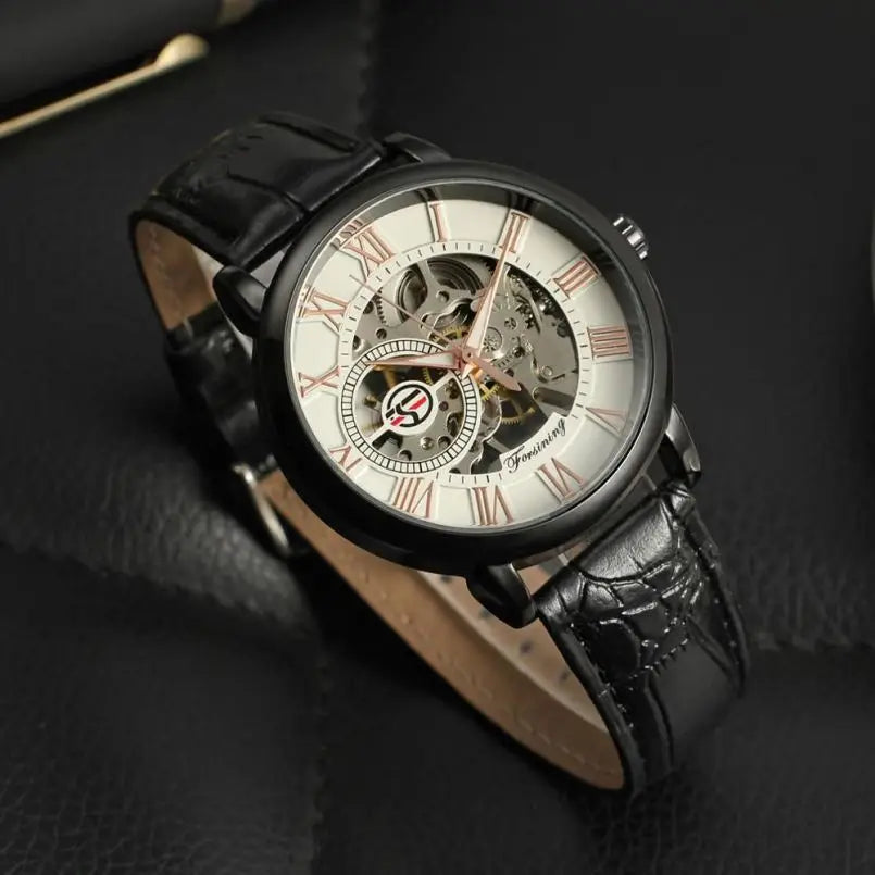 FORSINING 8099 Stylish Gold Gents Mechanism Watch Cool Leather Band World Time Automatic Skeleton Storage Hot Mechanical Watch