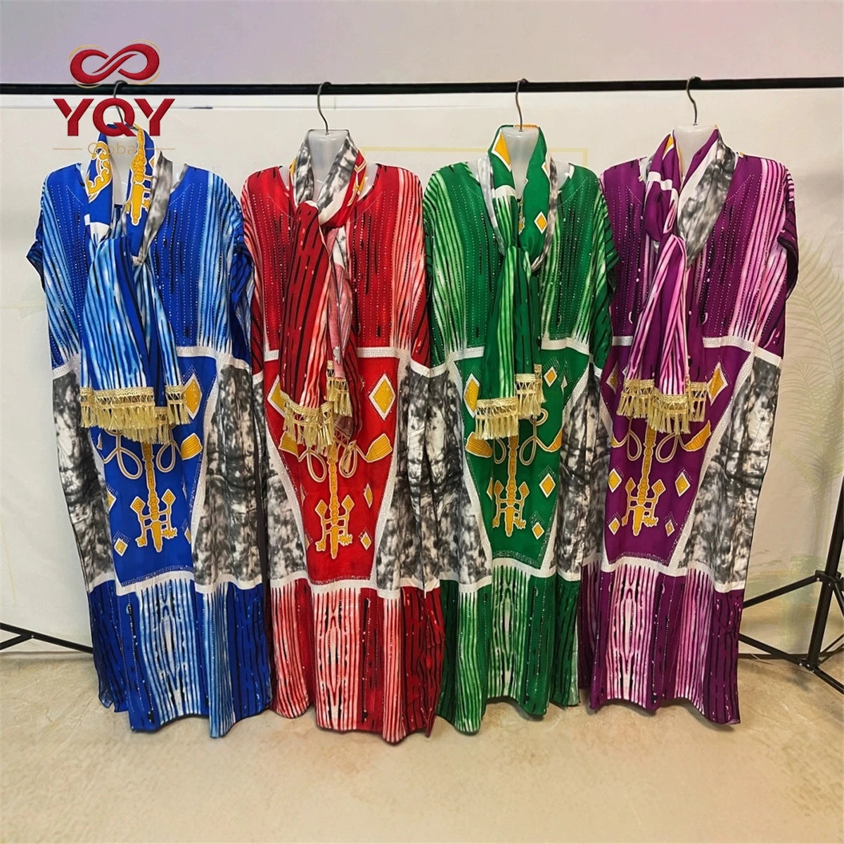 New Rayon Double-Sided Printed Rhinestone Tassel Turban Collar Women's Robe Kaftan Kimono Maxi Cover Up Dress Gown